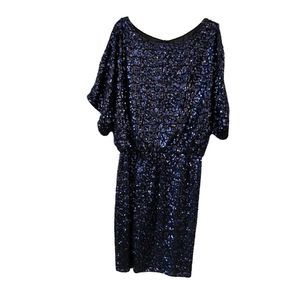 Short sleeved blue sequin cocktail dress by a scape